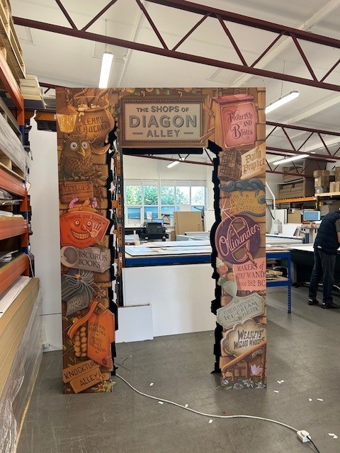 Diagon Alley themed archway in workshop