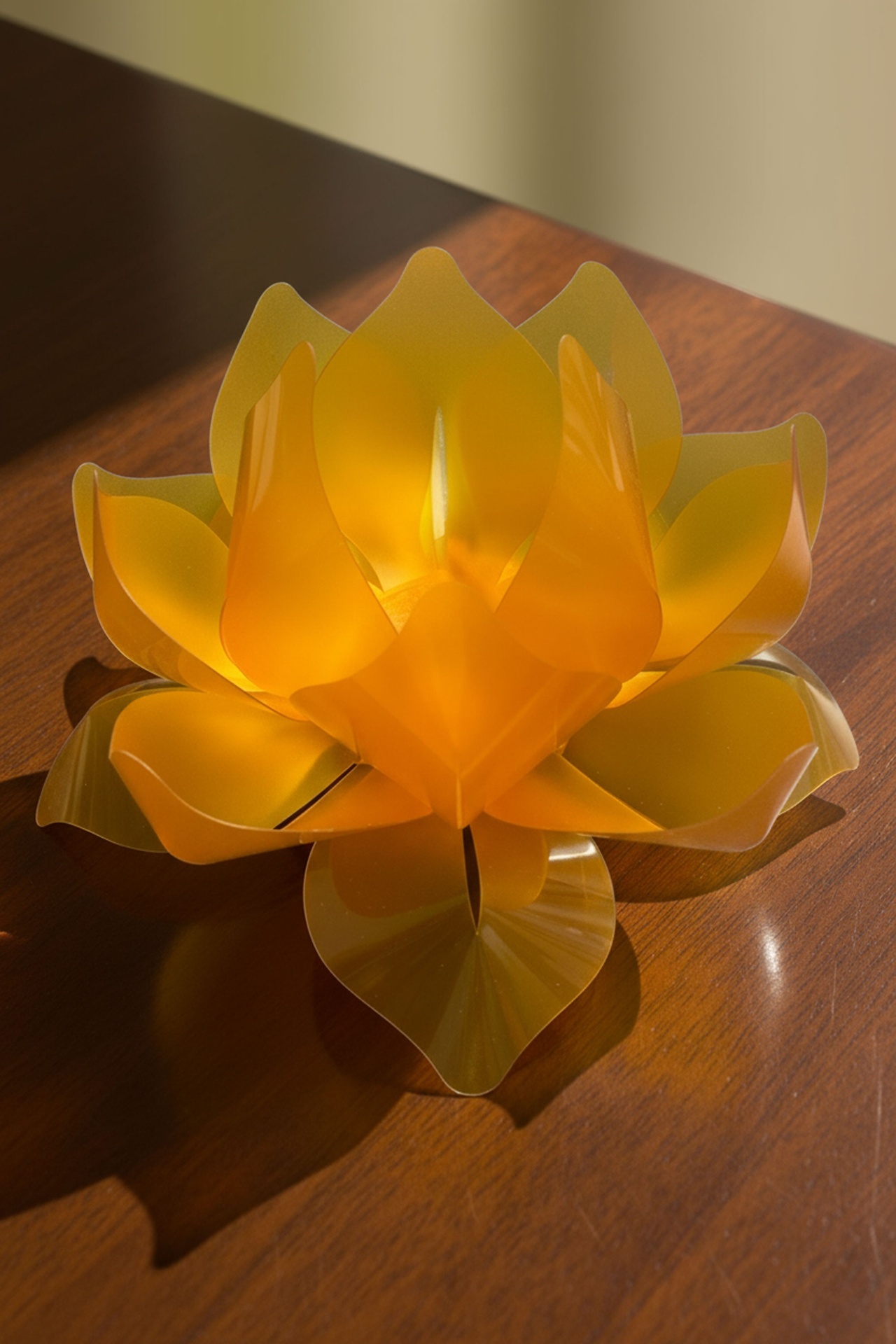 Illuminated yellow PVC lotus flower on wooden surface